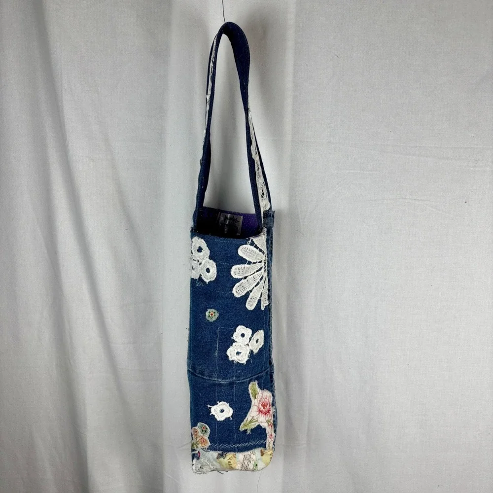 Handmade Denim Wine Tote Bag Floral Patchwork White Lace Embellished‎